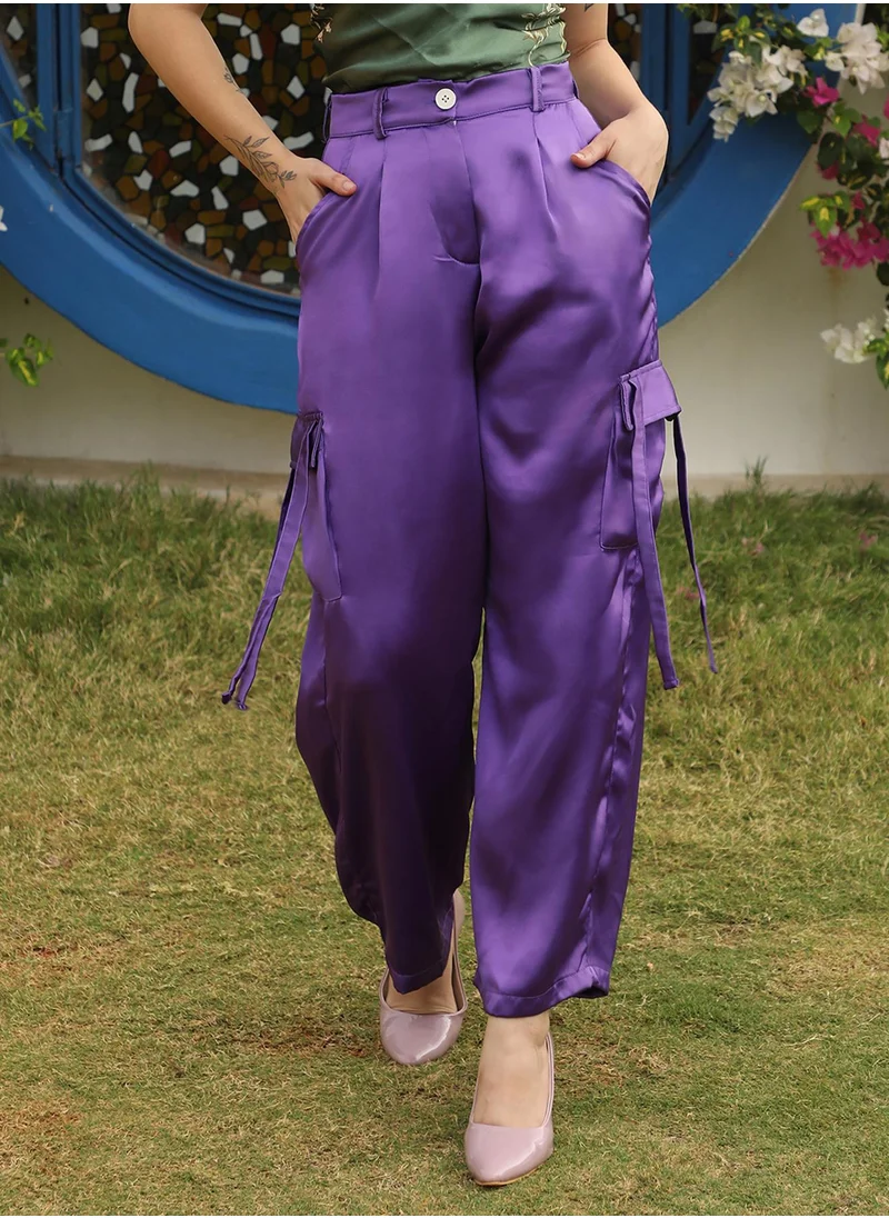 PINACOLADA Women's Violet Purple Boxy Satin Cargo Pants
