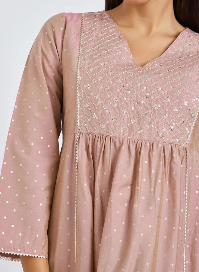 Amirah  Pink Dot Print Sequined Yoke Jalabiya for Women | Best Price UAE