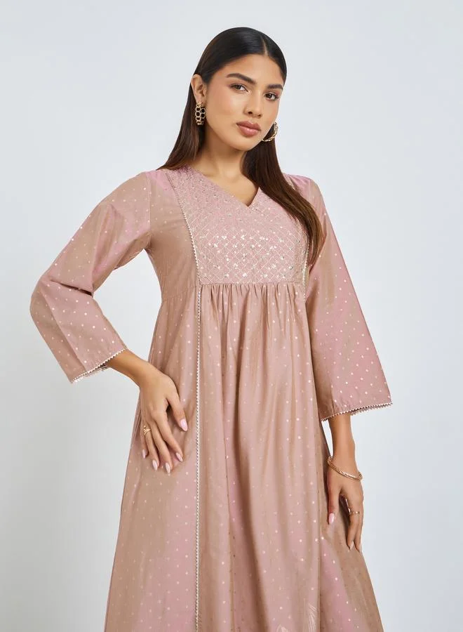 Amirah  Pink Dot Print Sequined Yoke Jalabiya for Women | Best Price UAE