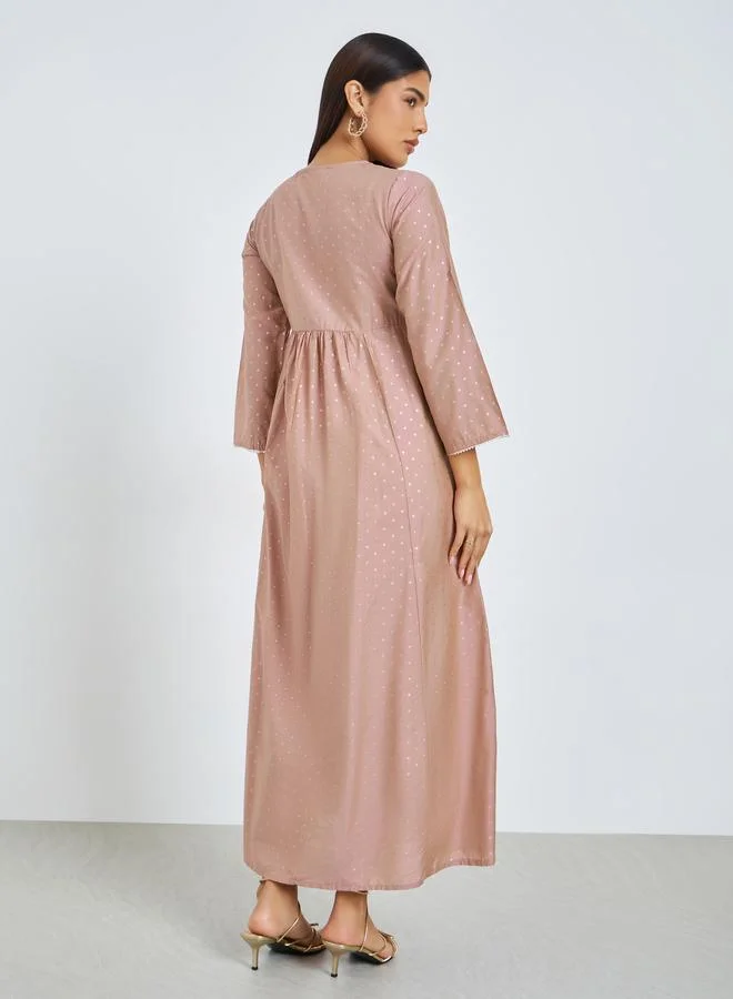 Amirah  Pink Dot Print Sequined Yoke Jalabiya for Women | Best Price UAE