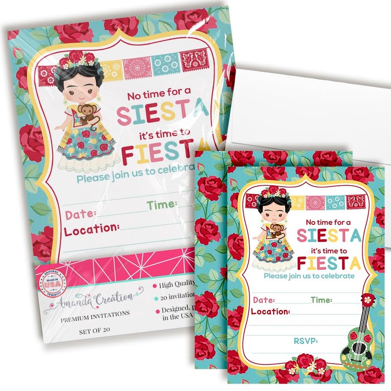 Amanda Creation Frida Fiesta Themed Birthday Party Invitations 20 5x7 Fill In Cards with Twenty White Envelopes