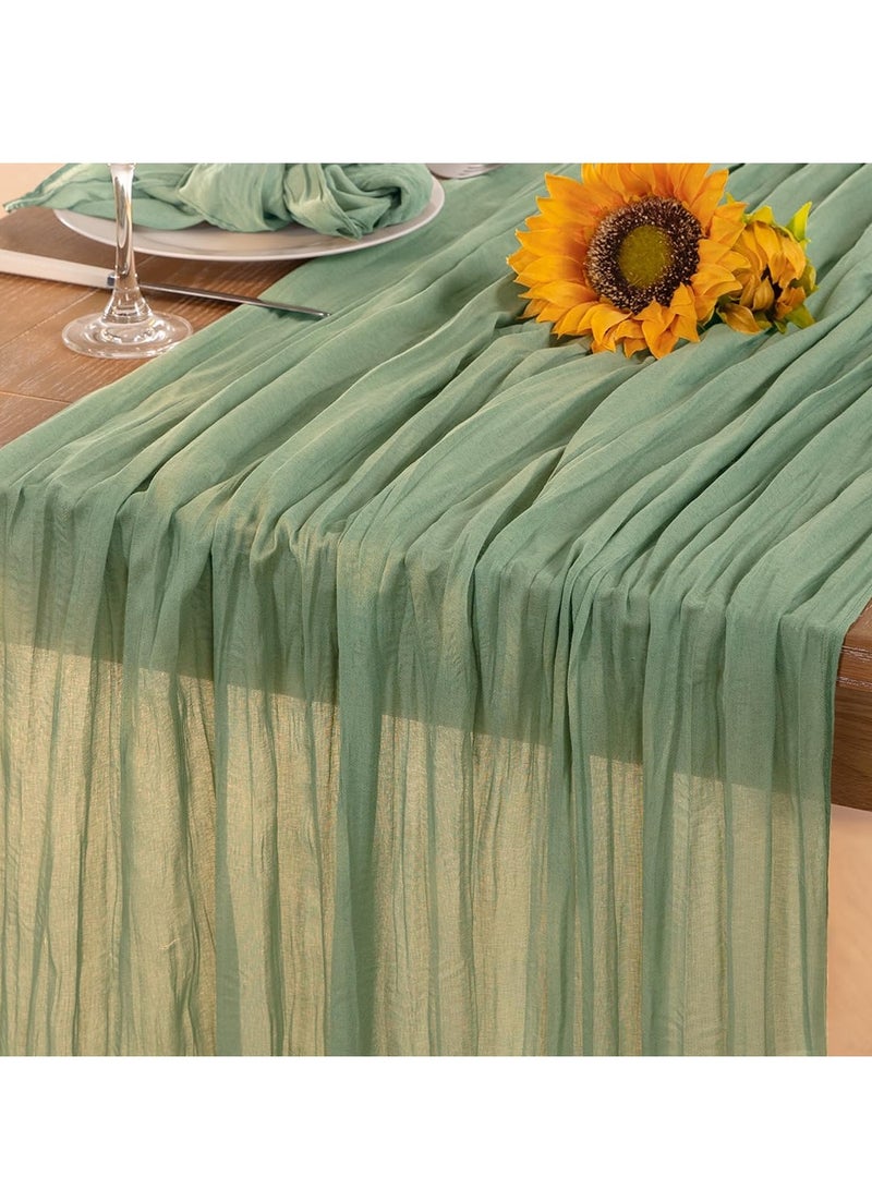 FLYROAD Green Cheesecloth Table Runner, Spring Bohemian Style, Tulle Cheesecloth Table Runner, 90*300cm Summer Table Decoration, Suitable for Wedding, Bridal, Baby Shower, Tea Party and Other Tulle Table Decoration - Image 1