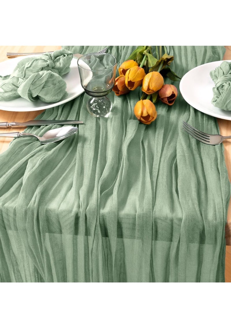 FLYROAD Green Cheesecloth Table Runner, Spring Bohemian Style, Tulle Cheesecloth Table Runner, 90*300cm Summer Table Decoration, Suitable for Wedding, Bridal, Baby Shower, Tea Party and Other Tulle Table Decoration - Image 2
