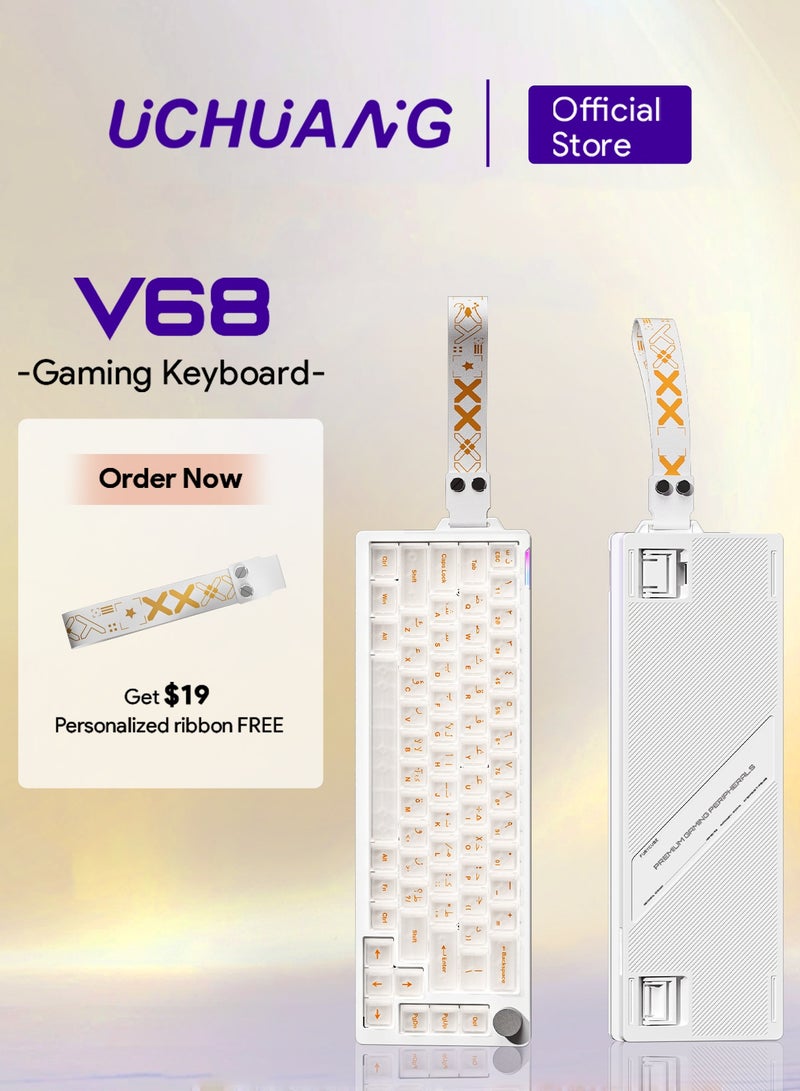 أوتشوانغ لوحة مفاتيح V68 الميكانيكية السلكية، تصميم مضغوط 65%، لوحة مفاتيح ألعاب بإضاءة خلفية RGB، لوحة مفاتيح مخصصة قابلة للتبديل الساخن، مقبض تحكم الصوت الذكي، مفاتيح أبيض فاتح، لوحة مفاتيح بنقش عربي، للكمبيوتر/اللاعبين/الهواة - Image 2