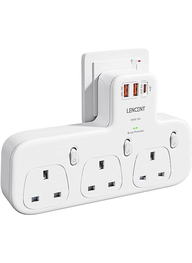 Lencent - Way Plug Extension with PD 20W USB-C & 2 USB-A QC 3.0, Multi Plug Adapter UK with Individual Switches, Surge Protected Plug Extender Wall Socket for Home, Kitchen, Office, 13A 3250W - Image 1