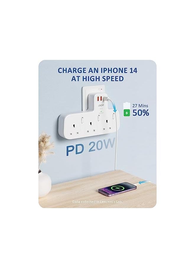 Lencent - Way Plug Extension with PD 20W USB-C & 2 USB-A QC 3.0, Multi Plug Adapter UK with Individual Switches, Surge Protected Plug Extender Wall Socket for Home, Kitchen, Office, 13A 3250W - Image 1