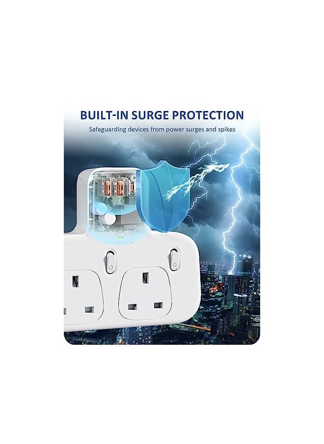 Lencent - Way Plug Extension with PD 20W USB-C & 2 USB-A QC 3.0, Multi Plug Adapter UK with Individual Switches, Surge Protected Plug Extender Wall Socket for Home, Kitchen, Office, 13A 3250W - Image 1