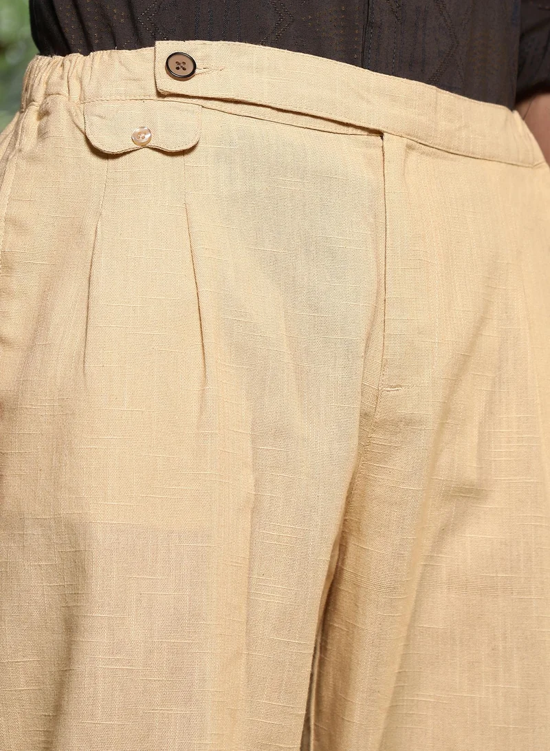 Campus Sutra Lightweight - Buff Beige Pleated Extended-Button Trousers