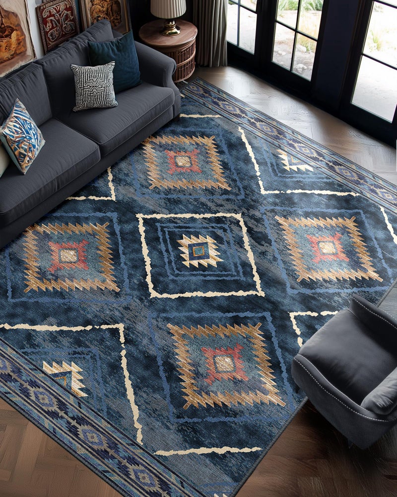 BESTSWEETIE Area Rug 8x10 Rug Machine Washable Non-Slip Low Pile Print Pattern Western Rug for Living Room Bedroom Entryway Tribal Series -Darkblue - Image 1