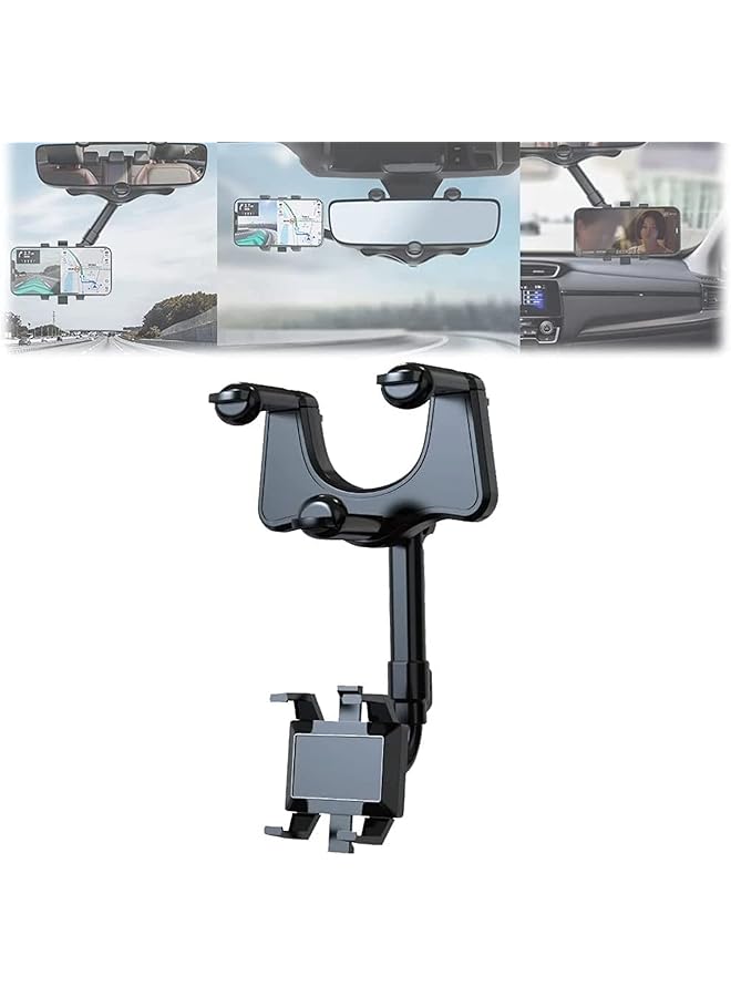 SHOWAY Car Phone Holder Mount, Rotatable And Retractable Car Phone Mount Rear View Mirror Mobile Holder, Sturdy Holder Phone Mount Fit With All Mobile Phones, Black - Image 1
