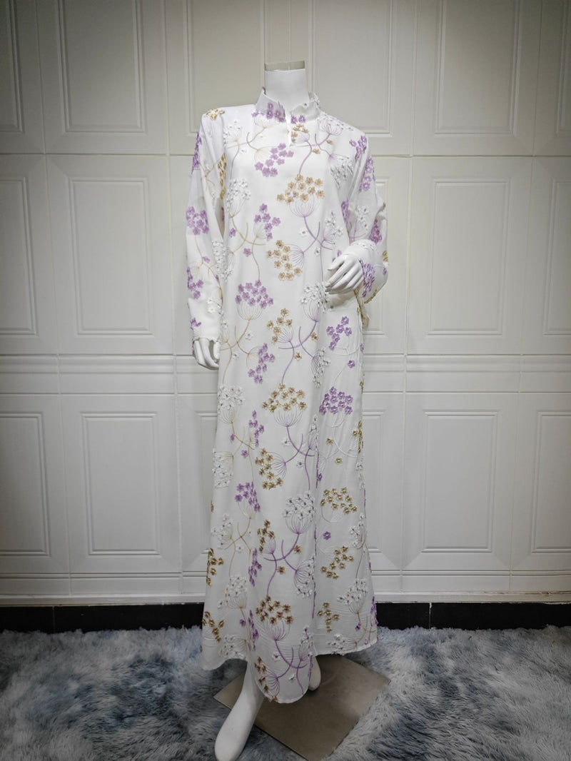 AB519 Embroidered V-Neck Long Dress for Women - Casual Home Wear, Spring Summer 2026 New Arrival