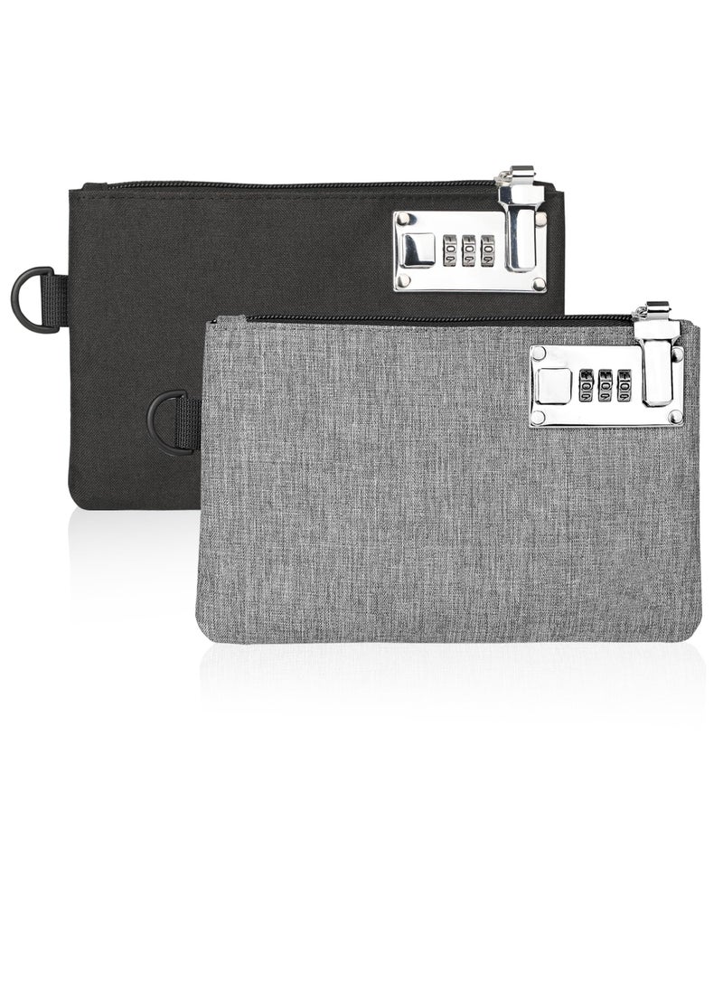 SYOSI - Money Bag with Lock 5x8 Inches Durable Nylon Locking Bank Bag Coin Purse for Cash with Lock and Zipper Closure Secure Storage for Cash Jewelry Passports Coins Checks Documents 2Pcs Black Grey - Image 1