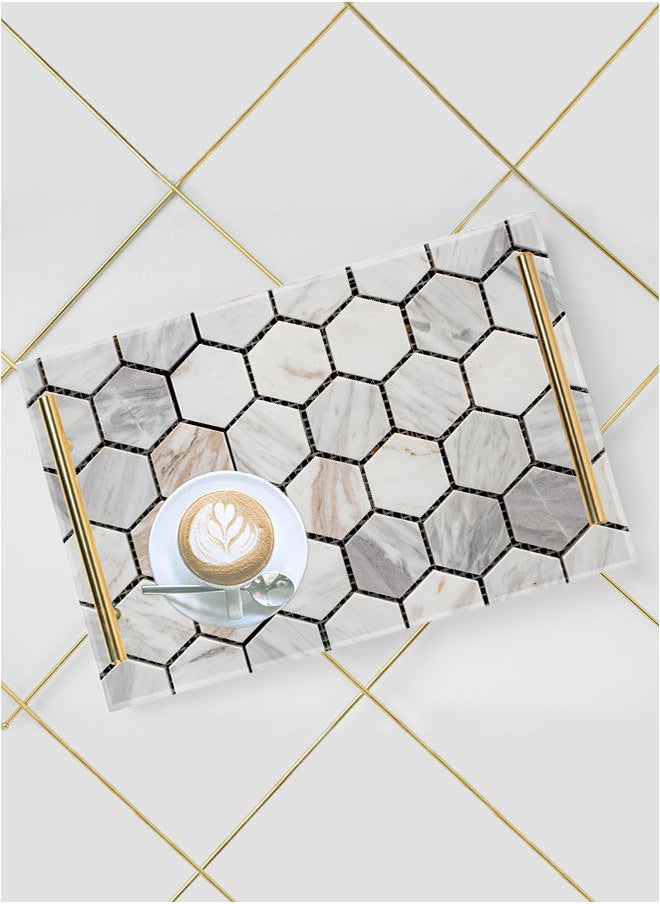 LOWHA - Decorative Acrylic Serving Tray with Gold Metal Handles and Stone Design - Image 1