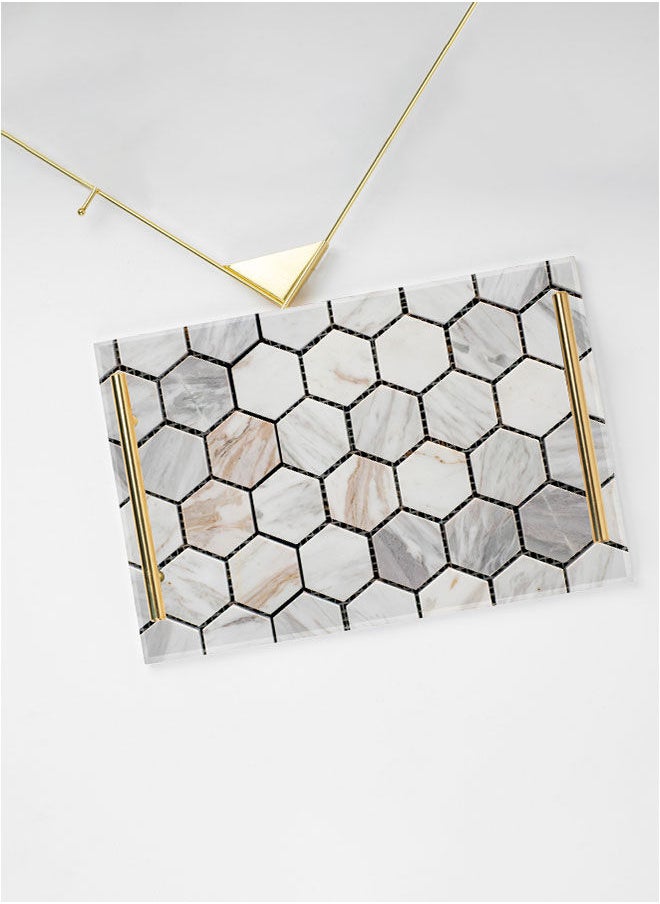 LOWHA - Decorative Acrylic Serving Tray with Gold Metal Handles and Stone Design - Image 1