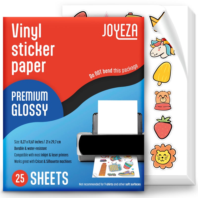JOYEZA Premium Printable Vinyl Sticker Paper for Inkjet Printer - 25 Sheets Glossy White Waterproof, Dries Quickly Vivid Colors, Holds Ink Well - Inkjet & Laser Printer - Image 1