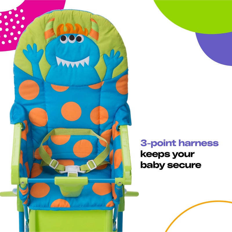 Cosco Kids Simple Fold Folding High Chair for Babies and Toddlers (from 6 Months to 50 lbs) Simple Fold Deluxe with 3-Position Tray, Portable High Chair, Monster Syd - Image 2