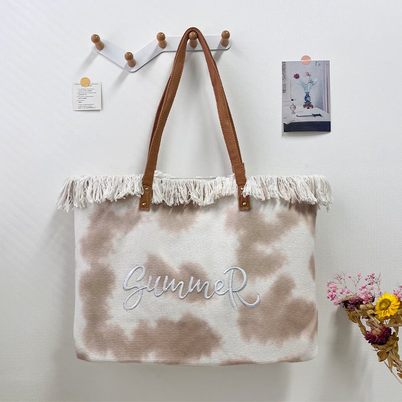 Explosions Summer Embroidered Tassel Beach Bag Large Capacity Tie-Dye Canvas Women'S Shoulder Hand Tote Bag
