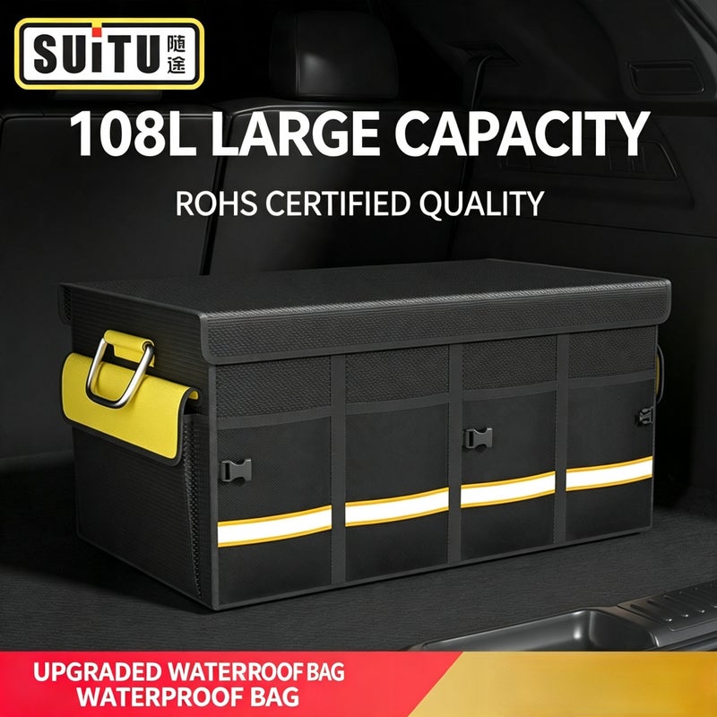 Car Trunk Organizer Storage Box, Foldable Waterproof 108L with Cover, Black - Image 1