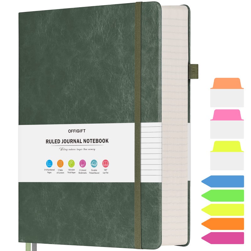 OFFIGIFT Lined Journal Notebook, Large A5 College Ruled Notebook, 312 Numbered Pages Work Notebook with Index Stickers, 100gsm Thick Paper, Hardcover Vegan Leather Journal for Women Men School Office, Green - Image 1