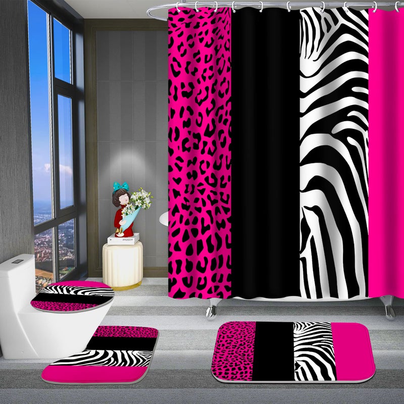 Poedist Poedist 4 Pcs Bathroom Shower Curtain SetRosy Leopard Print Shower Curtain Bright Style Shower Curtain Sets with RugsBath MatU Shape and Toilet Lid Cover Mat and 12 Hooks 