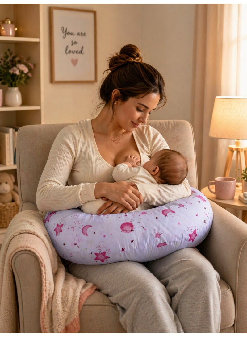 Little Bee Baby Nursing Pillow Breast feeding Nursing Pillow and Positioner for Babies, Feeding Support for Mom & Baby, Tummy Time Pillow, for Breastfeeding & Bottle Feeding Nursing Pillow (Pink and White Cotton Star Print) - Image 1