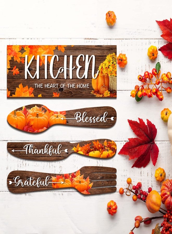 YLOLUL 4 Pieces Fall Maple Kitchen Decor Eat Sign Set Fork and Spoon Wooden Hanging Wall Decor Art Rustic Country Farmhouse Kitchen Maple Fall Wall Art Sign for Dining Room Home Deco (Brown) - Image 4
