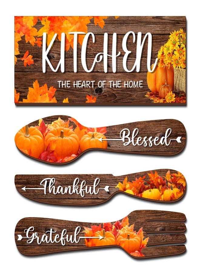 YLOLUL 4 Pieces Fall Maple Kitchen Decor Eat Sign Set Fork and Spoon Wooden Hanging Wall Decor Art Rustic Country Farmhouse Kitchen Maple Fall Wall Art Sign for Dining Room Home Deco (Brown) - Image 1