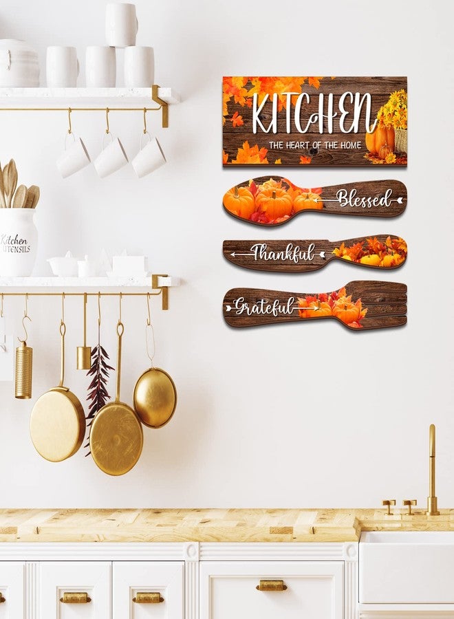 YLOLUL 4 Pieces Fall Maple Kitchen Decor Eat Sign Set Fork and Spoon Wooden Hanging Wall Decor Art Rustic Country Farmhouse Kitchen Maple Fall Wall Art Sign for Dining Room Home Deco (Brown) - Image 5