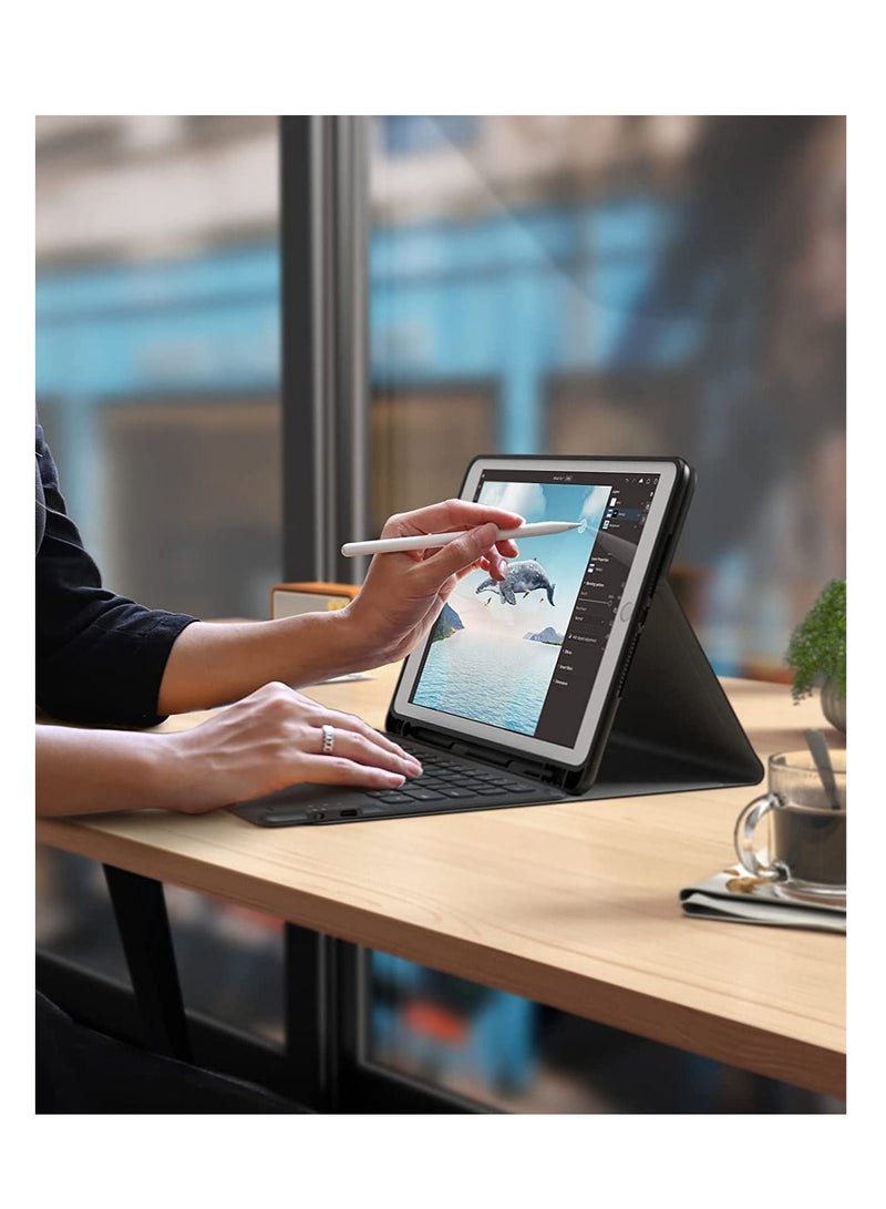 لوحة مفاتيح مع حافظة لجهاز iPad 10.2 بوصة الجيل التاسع 2021 الجيل الثامن 2020 الجيل السابع 2019 حافظة فوليو لاسلكية قابلة للفصل مغناطيسيًا مع لوحة مفاتيح وحامل لجهاز iPad 10.5 مع خاصية السكون/التنشيط التلقائي باللون الأسود - Image 4