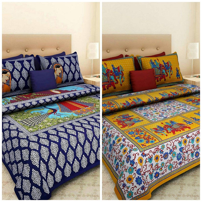 BedZone 100 Cotton Rajasthani Printed bedsheets Combo Double Bed Set 2 Double Bedsheet with 4 Pillow Cover Multicolour - Image 1