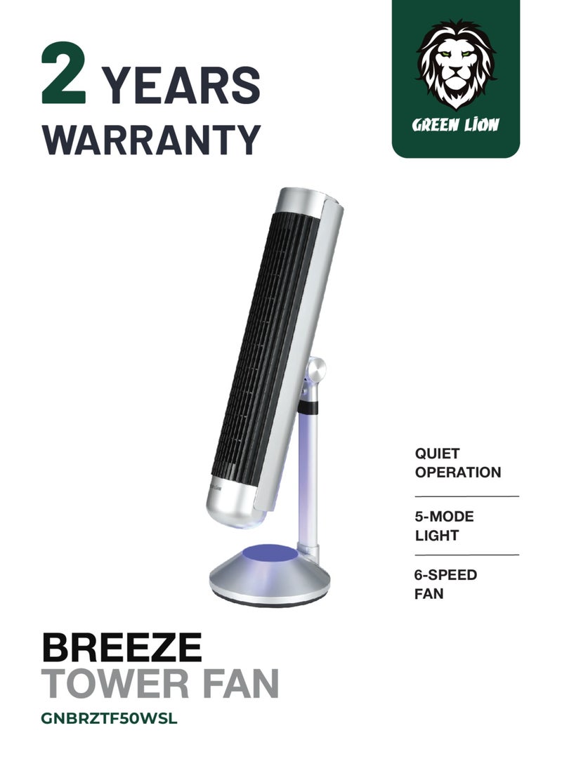 GREEN LION Breeze Tower Fan 50W with 5 Mode Light and 6 Speed Fan / 9H Timer / 175mm Adjustable Height / Strong ABS Material - Silver - Image 1