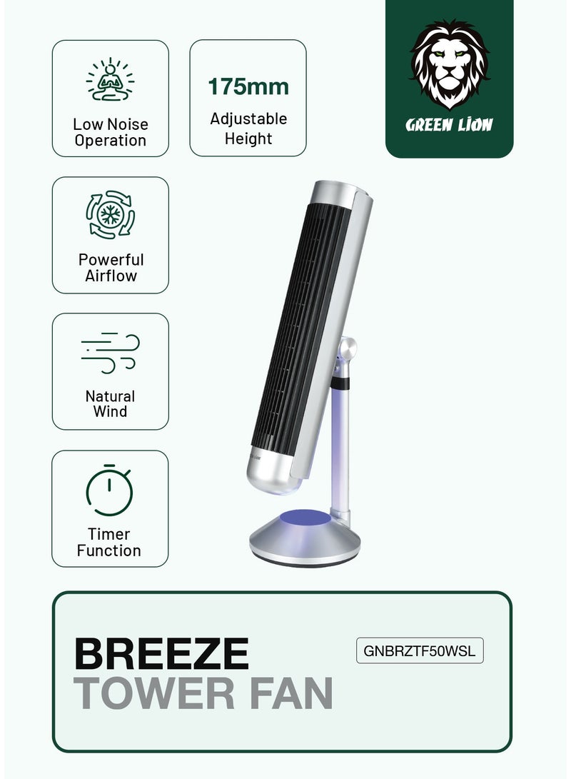 GREEN LION Breeze Tower Fan 50W with 5 Mode Light and 6 Speed Fan / 9H Timer / 175mm Adjustable Height / Strong ABS Material - Silver - Image 2