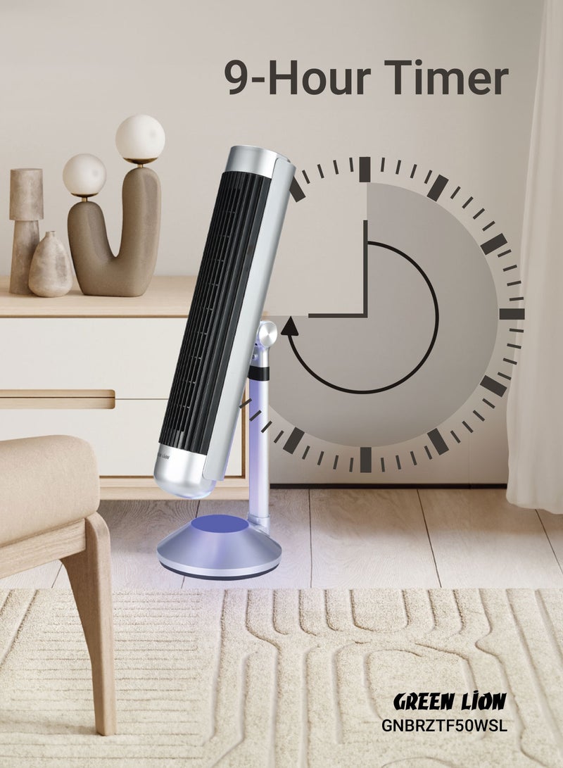 GREEN LION Breeze Tower Fan 50W with 5 Mode Light and 6 Speed Fan / 9H Timer / 175mm Adjustable Height / Strong ABS Material - Silver - Image 3