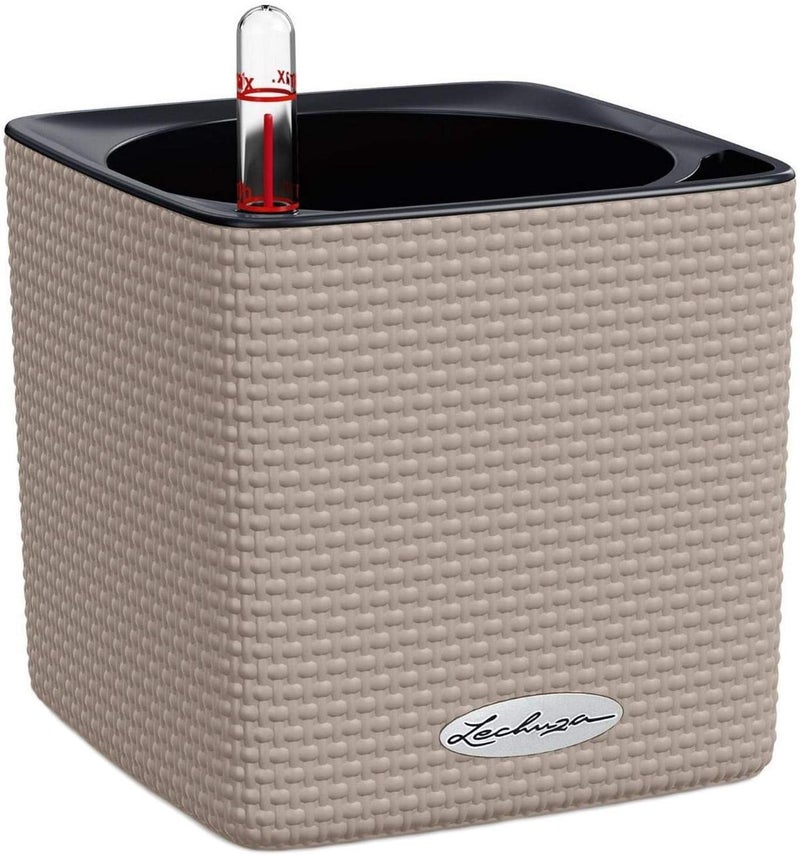 Lechuza 13488 Cube Color 16 Self-Watering Planter for Indoor and Outdoor Use, 7" x 7" x 6", Sand Brown - Image 1