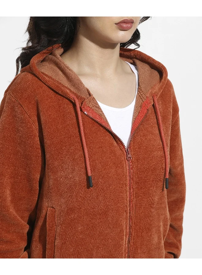 Campus Sutra Women's Orange Ribbed Hoodie With Zip-Closure