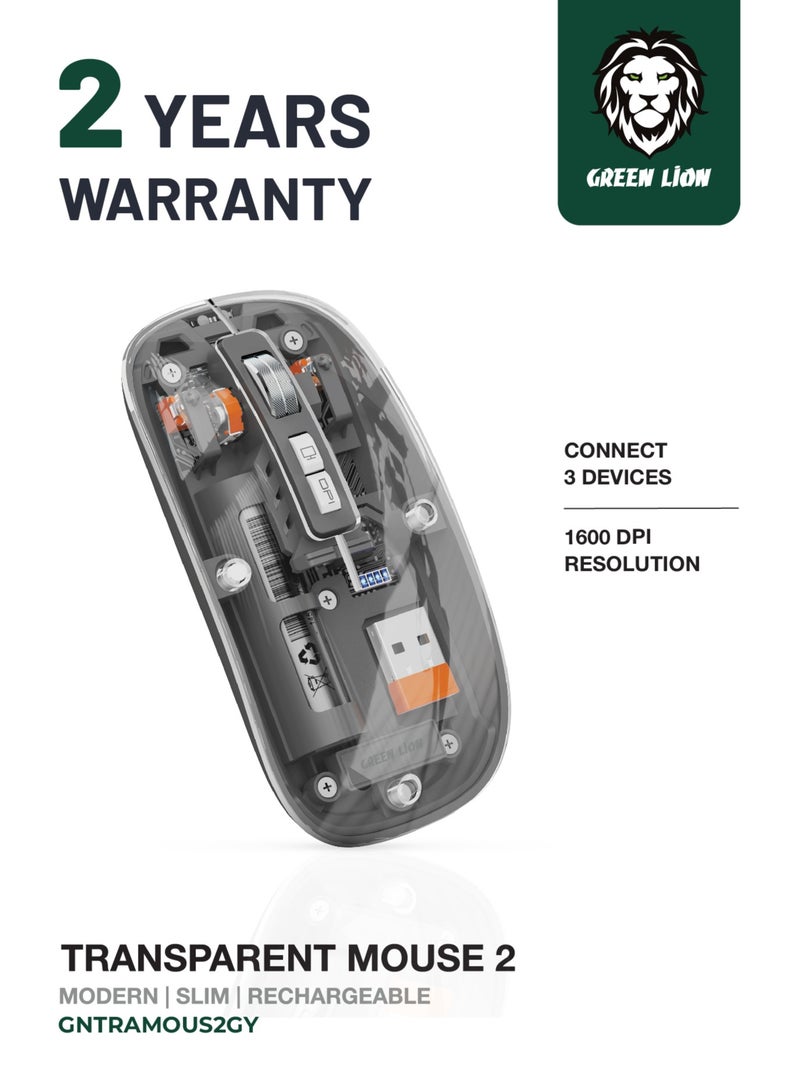 GREEN LION Transparent Mouse 2 1600DPI 10m Range 5 keys / Aluminum Alloy Roller / Plug & Play for Windows / Android / Mac / 500mAh Battery Capacity / Wireless+BT+Charging Mouse Connection - Grey - Image 1