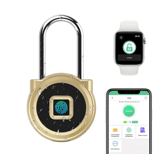 Elinksmart Fingerprint Padlock eLinkSmart Long Padlock with 45MM Shackle Weatherproof 1000 App User Combination Locker Lock for Gym Locker Fence Garden Cupboard Cabinet Gold - Image 1