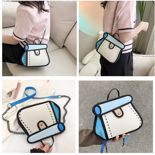 Craoopii Funny 2D Cartoon Crossbody Bag Creative Cute Handbag 3D Style 2D Drawing Canvas Bag for Women & Men (Blue) - Image 5
