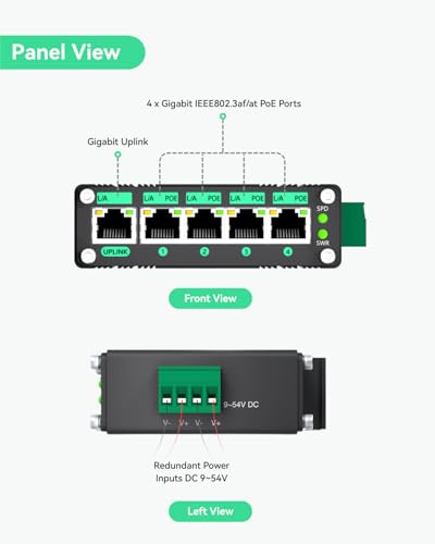 LINOVISION Industrial 5 Ports Gigabit 12V PoE Switch, Solar Powered Switch Support DC 9–54V Input to 48V PoE Output, 4 x IEEE 802.3af/at Ports 30W @120W, IP40 for Solar Power/RV Truck/VoIP Systems - Image 2