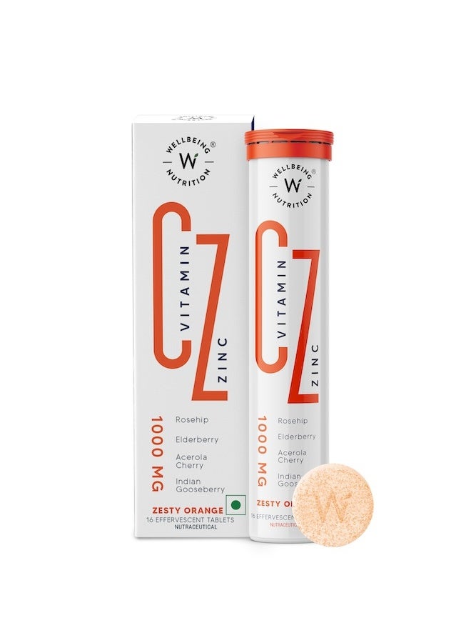 WELLBEING NUTRITION Natural Vitamin C + Zinc 1000mg with Amla, Rose Hip, Acerola Cherry | Organic Immunity Booster, Helps Build Collagen for Healthy Hair, Skin & Nails, 16 Effervescent Tablets - Image 1