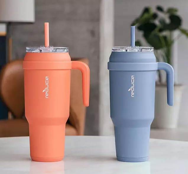 REDUCE 50 oz Mug Tumbler with Handle  Straw  Stainless Steel with SipItYourWay Lid  Keeps Water Cold up to 50 Hours  SweatProof Dishwasher Safe BPA Free  2 Pack Green  Beige
