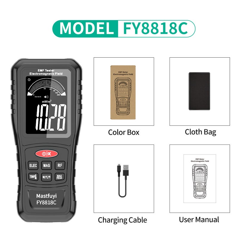 مقياس المجالات الكهرومغناطيسي القابل لإعادة الشحن Mastfuyi FY8818C، جهاز اختبار إشعاع المجالات الكهرومغناطيسي 4 في 1 مع قياس درجة الحرارة والإشعاع اللاسلكي، وعرض شاشة LCD، وتنبيه بصوت وضوء للاستخدام المنزلي والمهني - Image 2