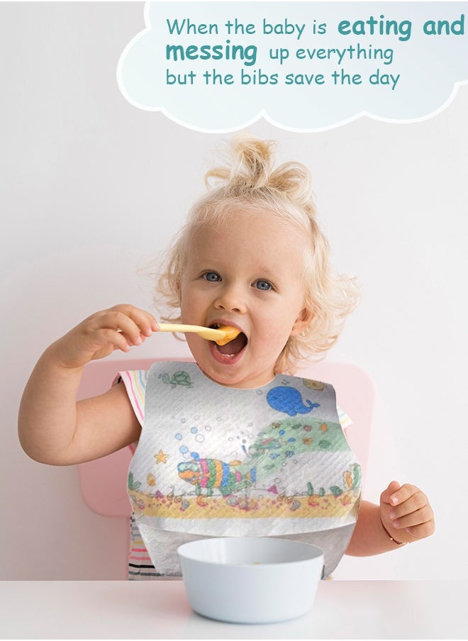 Cute 'n' Cuddle Cute 'n' Cuddle – Disposable Baby Bibs (50 Pcs) – White with Fish Pattern – Leak-Proof, Food Catcher, Sticky Closure – Individually Packed for Travel  - Image 3