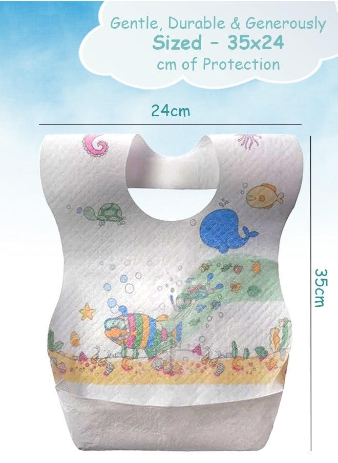 Cute 'n' Cuddle Cute 'n' Cuddle – Disposable Baby Bibs (50 Pcs) – White with Fish Pattern – Leak-Proof, Food Catcher, Sticky Closure – Individually Packed for Travel  - Image 2