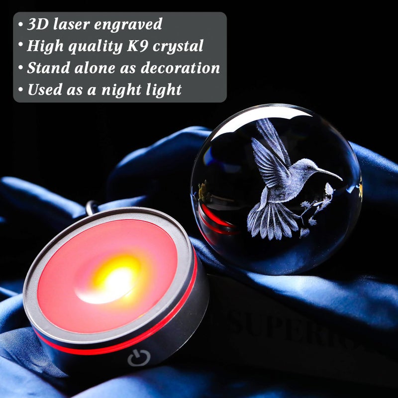 Movdyka 3D Crystal Ball Hummingbird Gifts for Women Men Glass Humming Bird Ornament Animals Figurine Home Decor with Colorful LED Base for Hummingbird Nature Lovers on Birthday Christmas- 3.15"/8CM - Image 5