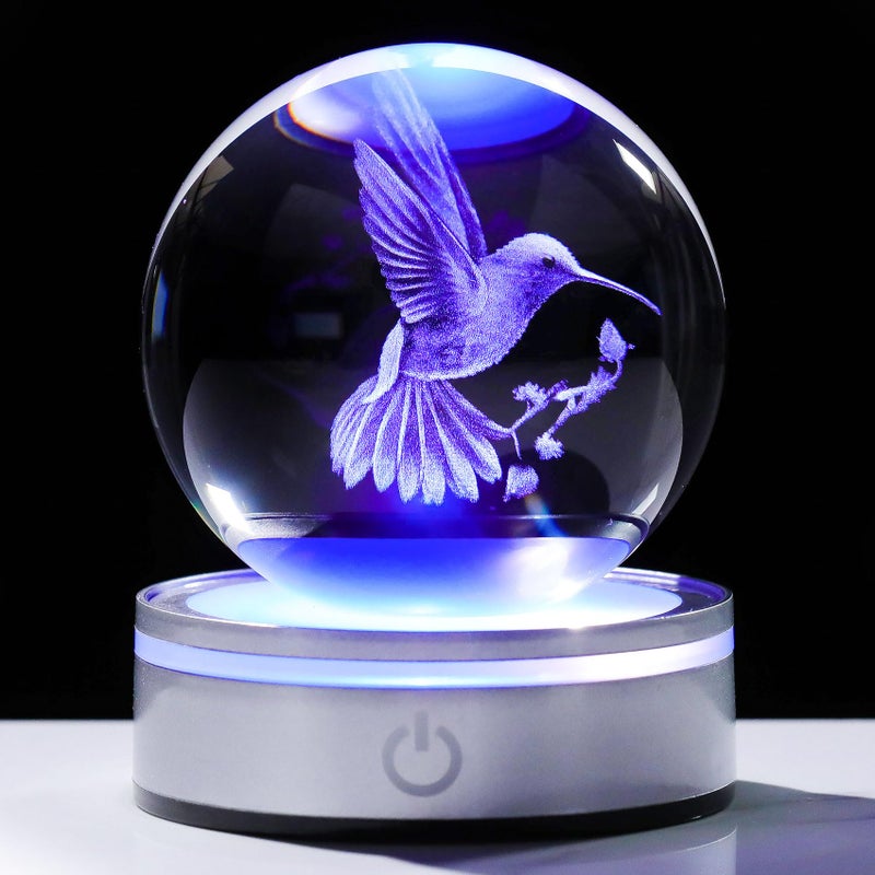 Movdyka 3D Crystal Ball Hummingbird Gifts for Women Men Glass Humming Bird Ornament Animals Figurine Home Decor with Colorful LED Base for Hummingbird Nature Lovers on Birthday Christmas- 3.15"/8CM - Image 1