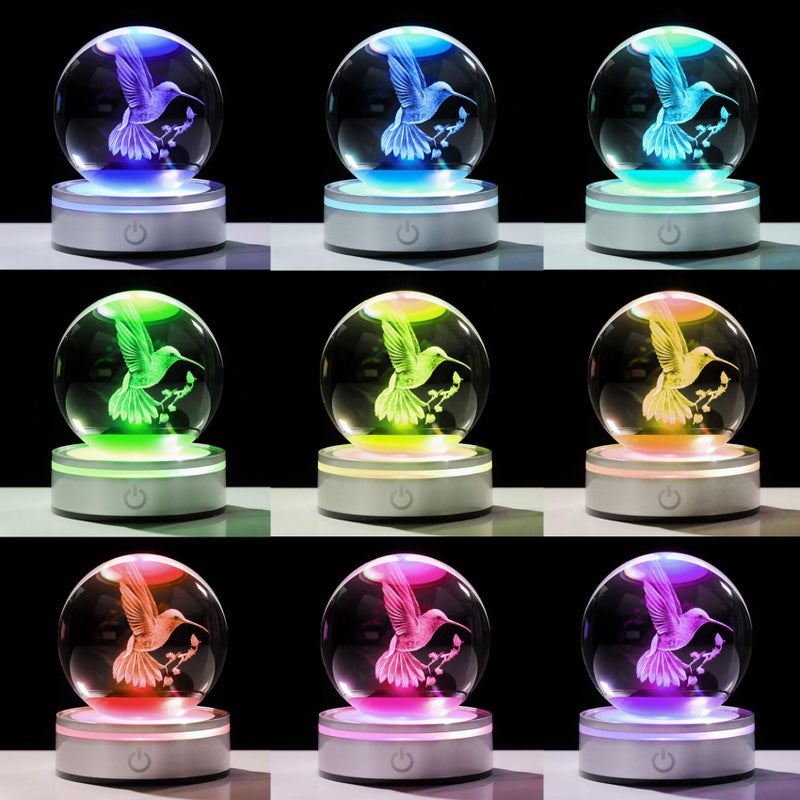 Movdyka 3D Crystal Ball Hummingbird Gifts for Women Men Glass Humming Bird Ornament Animals Figurine Home Decor with Colorful LED Base for Hummingbird Nature Lovers on Birthday Christmas- 3.15"/8CM - Image 2