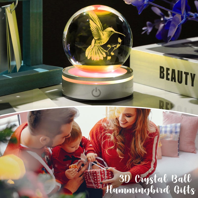 Movdyka 3D Crystal Ball Hummingbird Gifts for Women Men Glass Humming Bird Ornament Animals Figurine Home Decor with Colorful LED Base for Hummingbird Nature Lovers on Birthday Christmas- 3.15"/8CM - Image 4