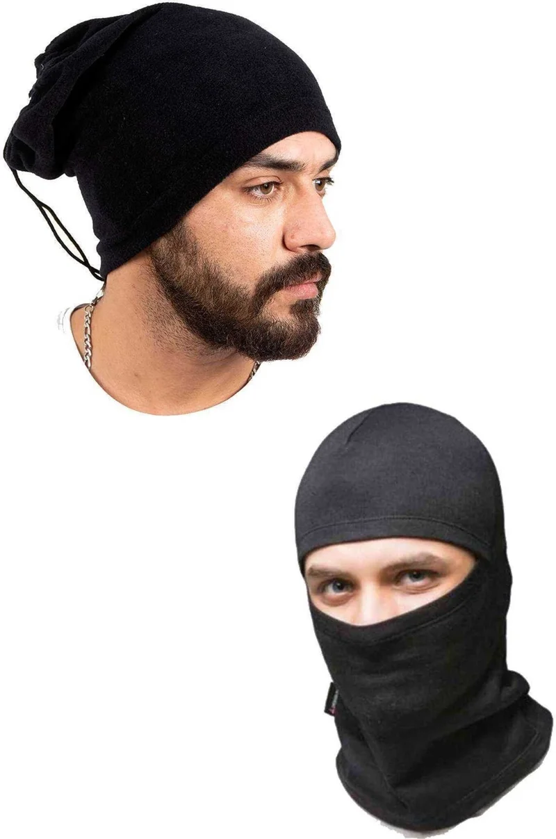 Royaleks Polar Thermal Snow Mask and Drawstring Neck Collar Beanie Black Set