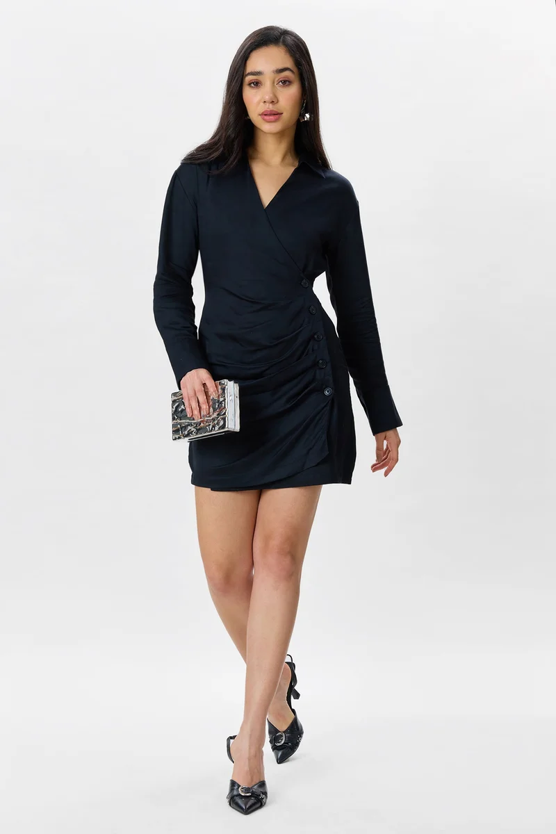 فيرجيو Solid Cotton Asymmetrical Shirt Dress for Women